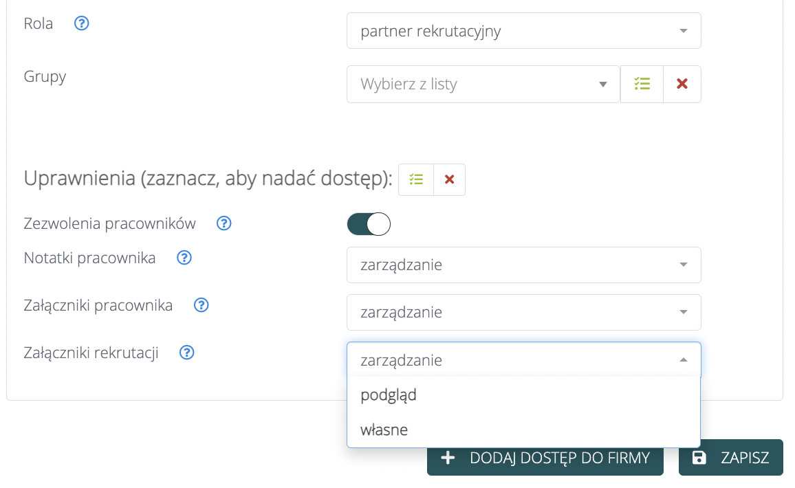 System ATS - Partner rekrutacyjny - uprawnienia