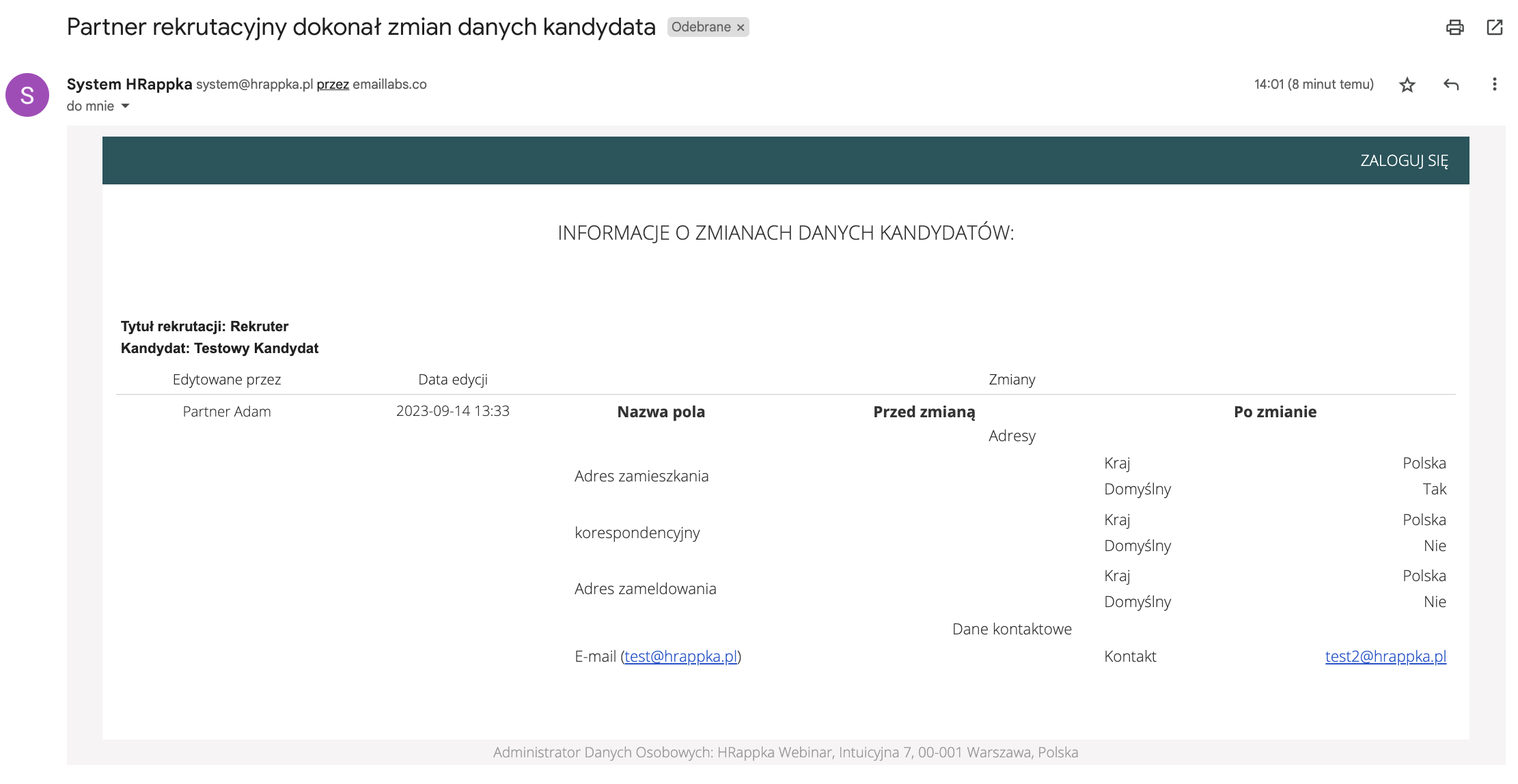 Mail o zmianach partnera rekrutacyjnego