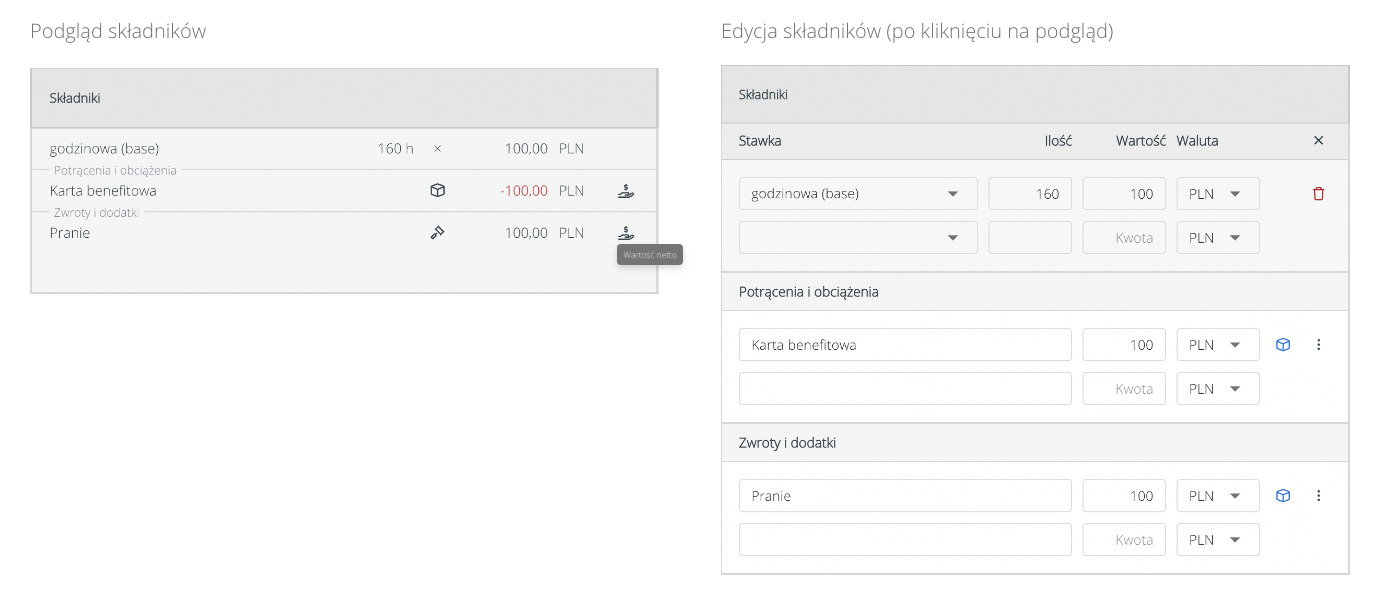 Składniki rozliczenia w kolumnie Składniki na rozliczeniu